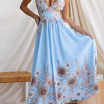 Sunflower Print Halter Backless Waist Tiered Maxi Dress