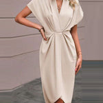 High-Low Loose Knot Pleated Solid Color Split-Front V-Neck Midi Dresses