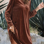 Coffee Roll Tab Sleeve Collared V Neck Velvet Dress