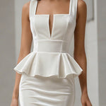 Lustrous Ivory Sleeveless Midi Dress With Peplum Detail