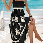 A-Line Loose Elasticity Pleated Printed Split-Joint Square-Neck Maxi Dresses