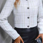 Zayla Tweed Plaid Fabric Round Neck Metal Buckle Crop Coat