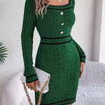 Bodycon Long Sleeves Buttoned Contrast Color Plaid Square-Neck Mini Dresses Sweater Dresses