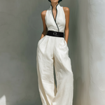 Women's Minimalist Linen Blend Patchwork Sleeveless Stand-collar Jumpsuit