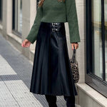 Metal buckle-embellished mid-length A-line leather skirt