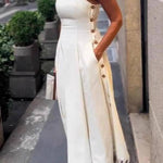 Halter Square Neck Side Button Fringe Flare Maxi Dress