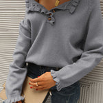 Long Sleeve Button Down Ruffle Knit Pullover Sweater Tops