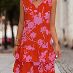 A-Line High Waisted Falbala Printed Split-Joint Tied Tiered V-Neck Mini Dresses
