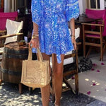 Fashion Stand Collar Shift Printed Resort Mini Dress