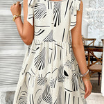 A-Line Loose Contrast Color Pleated Pockets Printed Tied Spaghetti-Neck Mini Dresses