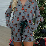 Teddy Bear Satin Striped Short Sleeve Shirt and Velvet Elastic Waist Pocketed Pajama Set