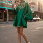 A-Line Long Sleeves Contrast Color Printed Split-Joint Stand Collar Mini Dresses
