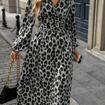 Elasticated Waist High Waisted Contrast Color Leopard Pleated Split-Joint V-Neck Maxi Dresses