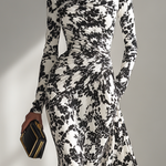 Women's Black And White Patterned Stretch Blend Wrap Dress