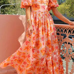 Puff Sleeve Printed A-line Shirred Dress