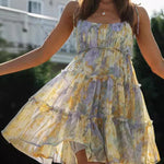A-Line Loose Flower Print Layered Pleated Split-Joint Tied Spaghetti-Neck Mini Dresses