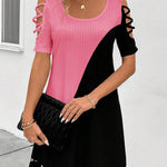 A-Line Loose Contrast Color Hollow Mesh Split-Joint Cold Shoulder Mini Dresses