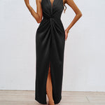 Bodycon High Waisted Elasticity Knot Solid Color Split-Front Split-Joint Zipper V-Neck Maxi Dresses