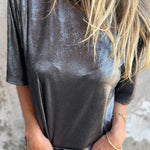 Metallic Solid Color Round Neck Short-sleeved Loose T-shirt