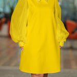 Puff Sleeves Beads Mesh Solid Color Split-Joint Round-neck Midi Dresses