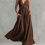 Women's Vintage Brown Cotton And Linen V-neck Sleeveless Pleated Midi Dress