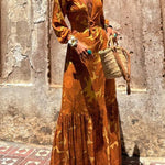 Sunflower Print Ring Cutout Waist Long Sleeve Maxi Dress