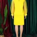 Puff Sleeves Beads Mesh Solid Color Split-Joint Round-neck Midi Dresses
