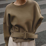 Long Sleeves Loose Belt Buckle Solid Color Round-Neck Sweatshirt Tops