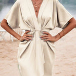 Loose Raglan Sleeve Pleated Solid Color Split-Joint Deep V-Neck Mini Dresses