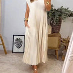 A-Line High Waisted Pleated Pockets Solid Color Split-Joint Round-Neck Maxi Dresses