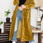 Yellow Velvet Elegant Open Front Pocket Long Cardigan