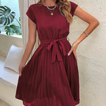 A-Line Loose Pleated Solid Color Tied Waist Round-Neck Midi Dresses