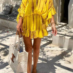 Lemon Flavor Tie Dye Ruffle Batwing Sleeve Elastic Waist Kaftan Mini Dress
