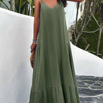Loose Sleeveless Pleated Solid Color Split-Joint Spaghetti-Neck Maxi Dresses