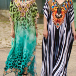 Batwing Sleeves Loose Printed Split-Side Striped V-Neck Beach Cover-Up Maxi Dresses
