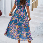 A-Line Elasticated Waist Contrast Color Flower Print Pleated Split-Joint V-Neck Maxi Dresses