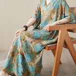 Loose Short Sleeves Printed V-Neck Maxi Dresses