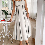A-Line High Waisted Contrast Color Zipper Spaghetti-Neck Midi Dresses