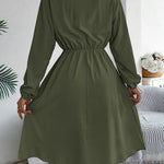 A-line Long Sleeves Buttoned Pleated Solid Color Tied Lapel Midi Dresses Shirt Dress