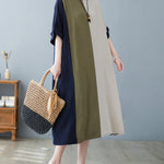 Half Sleeves Loose Contrast Color Round-Neck Midi Dresses