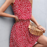 A-Line High Waisted Elasticity Leaves Print Pleated Halter-Neck Mini Dresses
