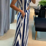 Striped Print Off-Shoulder Long Casual Top and Loose Pocket Straight Pants Set