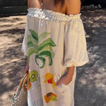 A-line Long Sleeves Contrast Color Pleated Pockets Printed Split-back Split-Joint Off-the-shoulder Maxi Dresses