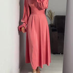 A-Line Long Sleeves Pleated Solid Color Tied Waist Zipper Mock Neck Maxi Dresses