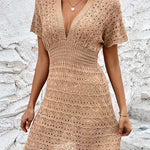 Loose Short Sleeves Hollow See-Through Solid Color Deep V-Neck Mini Dresses