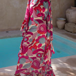 Batwing Sleeves Loose Flower Print Pleated Split-Joint Round-Neck Maxi Dresses