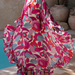 Batwing Sleeves Loose Flower Print Pleated Split-Joint Round-Neck Maxi Dresses