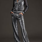 Sporty Retro Striped Mesh Sleeve Gray Leopard Print Velvet Sweatshirt And Pants Set