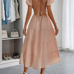 A-Line Loose Backless Pleated Solid Color Tied V-Neck Midi Dresses