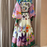 Retro French court style pleated maxi print dress